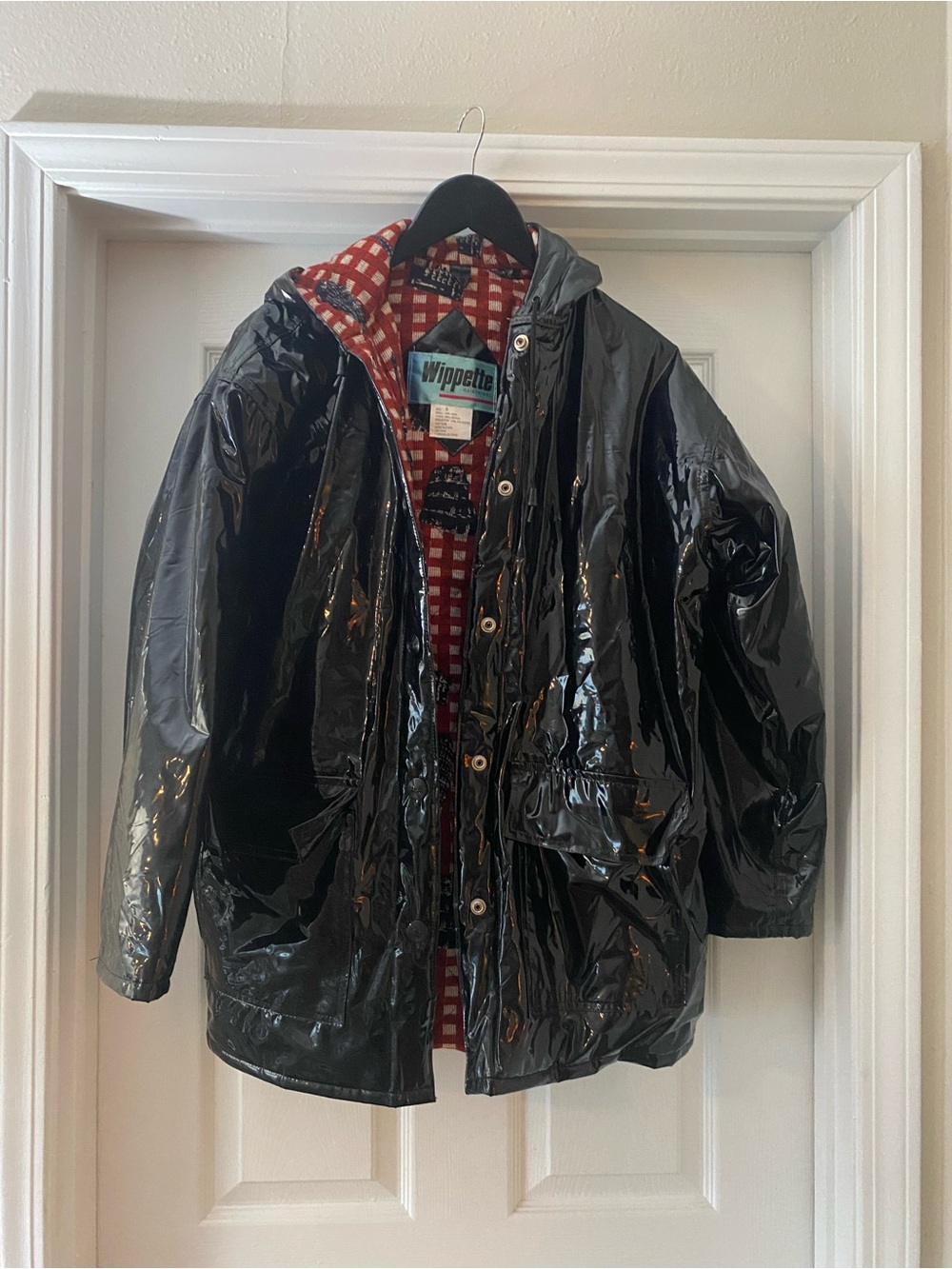 Wippette Rain Things Vinyl Black Raincoat. Hood. Pockets. Small.Women’s. Vintage